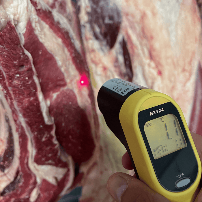 prise de température de la viande avec un thermomètre laser